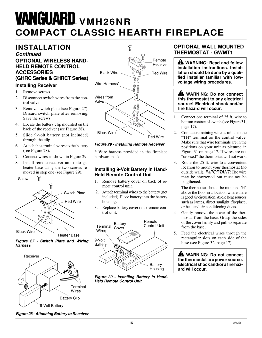 Vanguard Heating VMH26NR Optional Wireless HAND- Held Remote Control Accessories, Optional Wall Mounted Thermostat GWMT1 