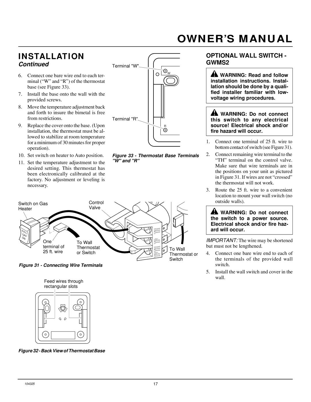 Vanguard Heating VMH26NR installation manual Optional Wall Switch GWMS2, Thermostat Base Terminals W and R 