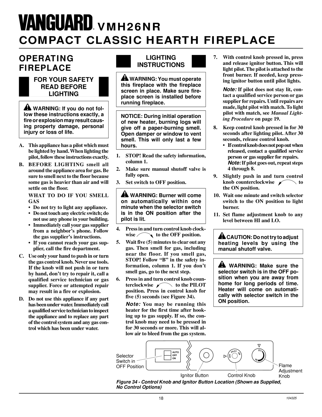 Vanguard Heating VMH26NR Operating Fireplace, For Your Safety Read Before Lighting, Lighting Instructions 