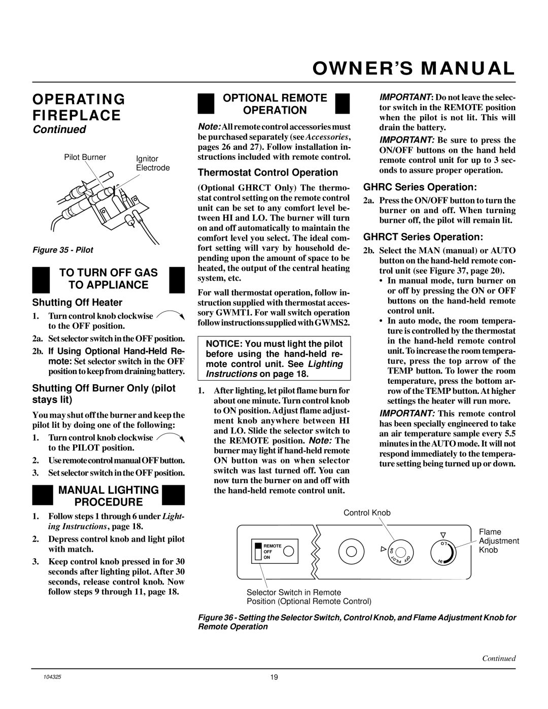 Vanguard Heating VMH26NR To Turn OFF GAS To Appliance, Manual Lighting Procedure Optional Remote Operation 