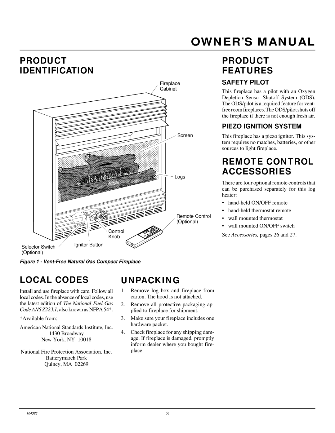 Vanguard Heating VMH26NR Product Identification, Product Features, Remote Control Accessories, Local Codes, Unpacking 