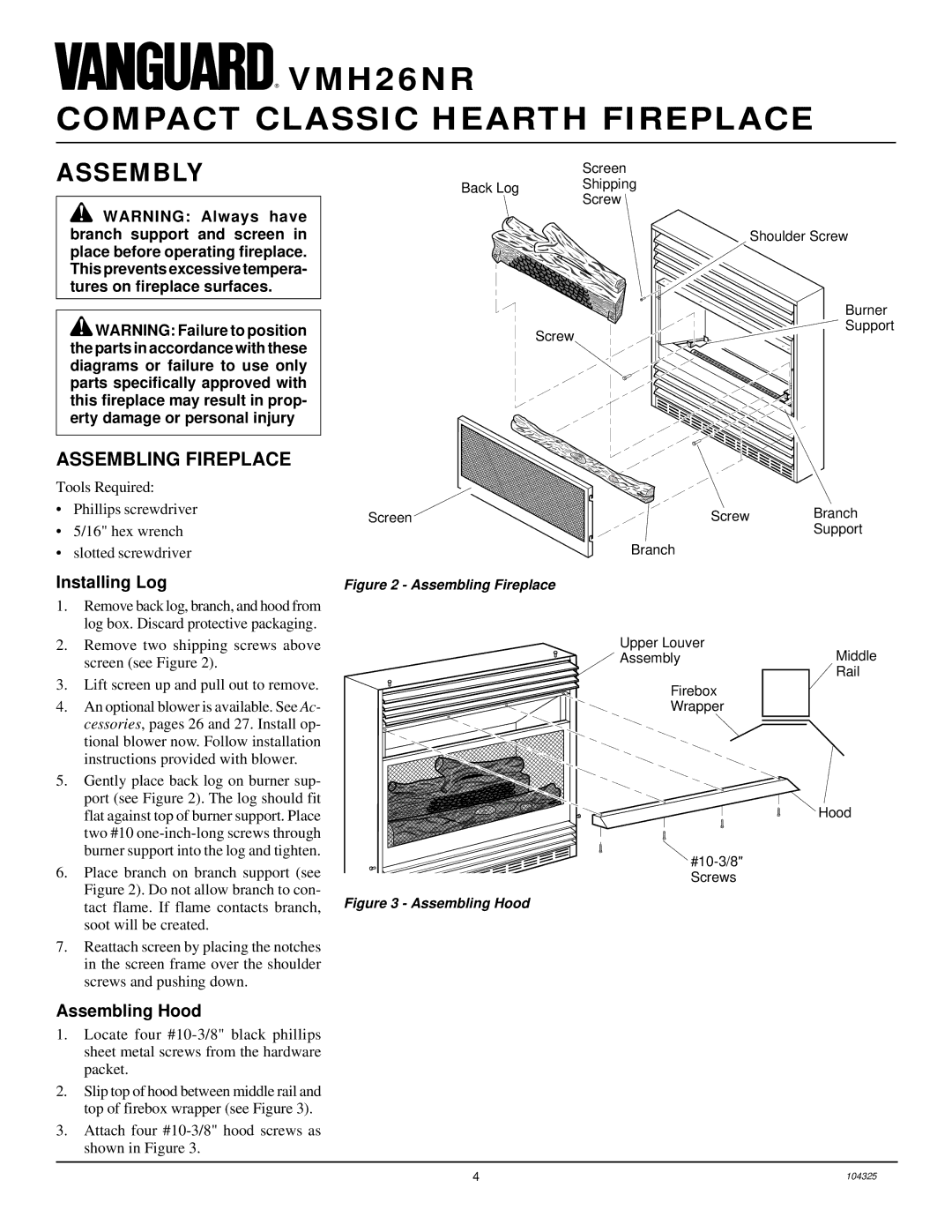 Vanguard Heating VMH26NR installation manual Assembly, Assembling Fireplace, Installing Log, Assembling Hood 