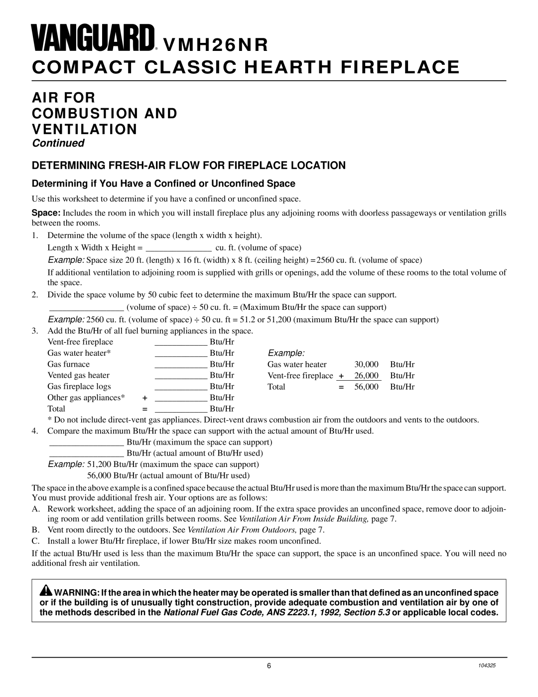 Vanguard Heating VMH26NR AIR for Combustion Ventilation, Determining FRESH-AIR Flow for Fireplace Location 