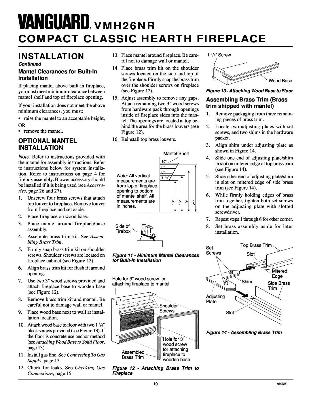 Vanguard Heating VMH26NR installation manual Optional Mantel Installation, Mantel Clearances for Built-InInstallation 