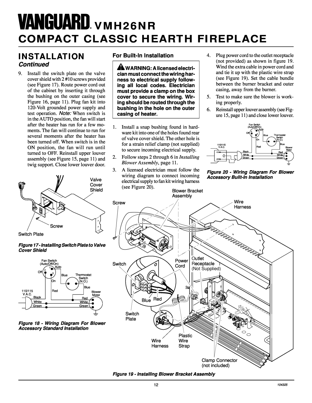 Vanguard Heating installation manual For Built-InInstallation, VMH26NR COMPACT CLASSIC HEARTH FIREPLACE, Continued 