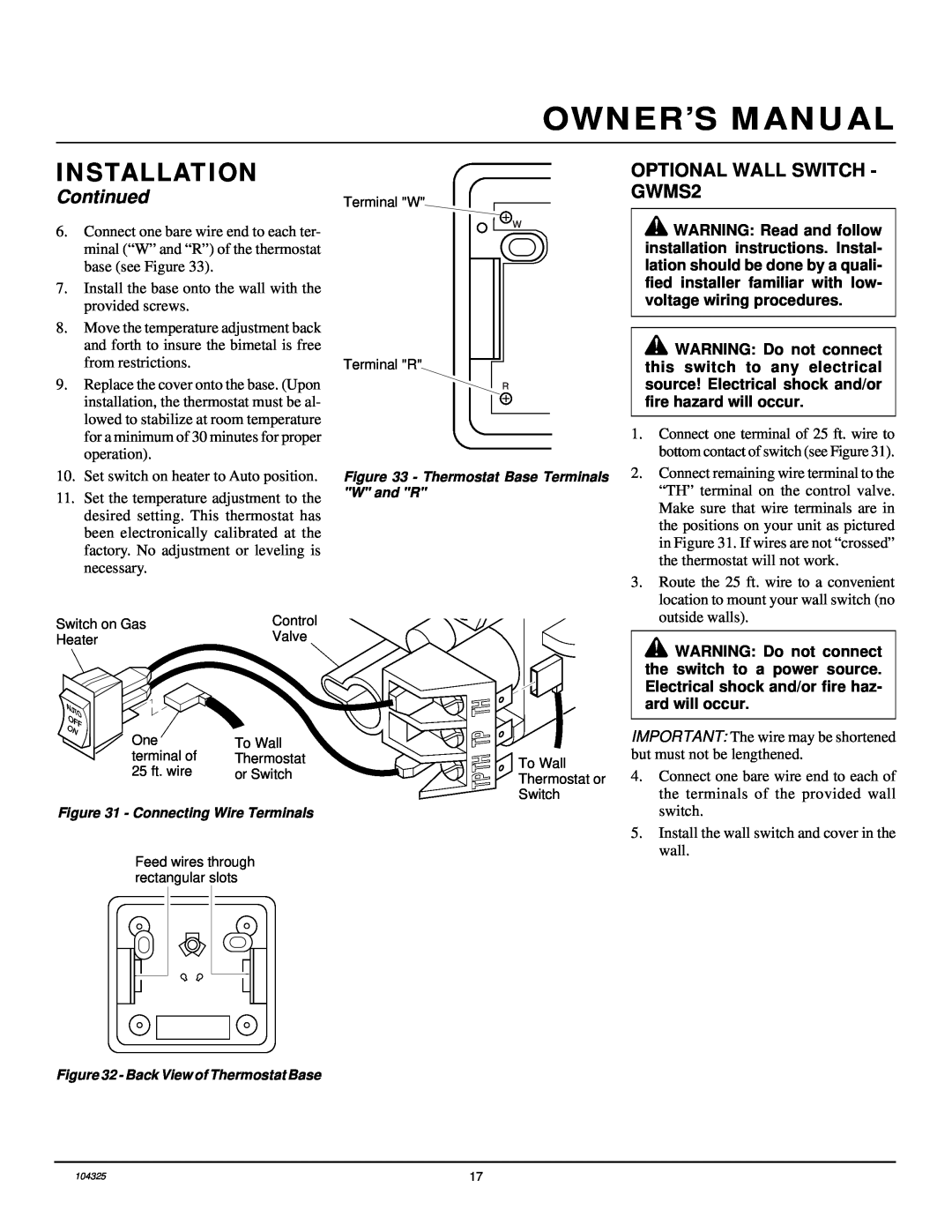 Vanguard Heating VMH26NR installation manual OPTIONAL WALL SWITCH - GWMS2, Installation, Continued 