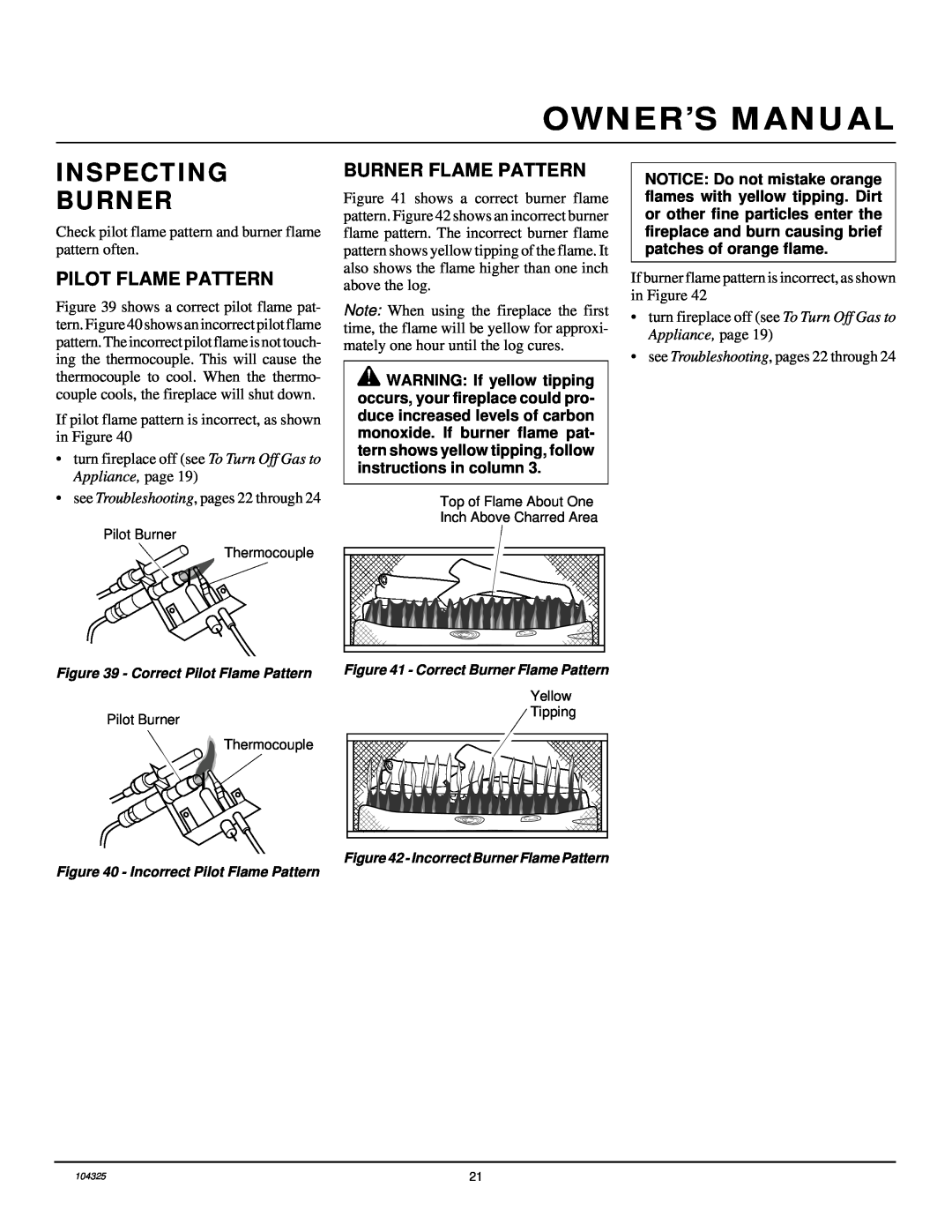 Vanguard Heating VMH26NR installation manual Inspecting Burner, Pilot Flame Pattern, Burner Flame Pattern 