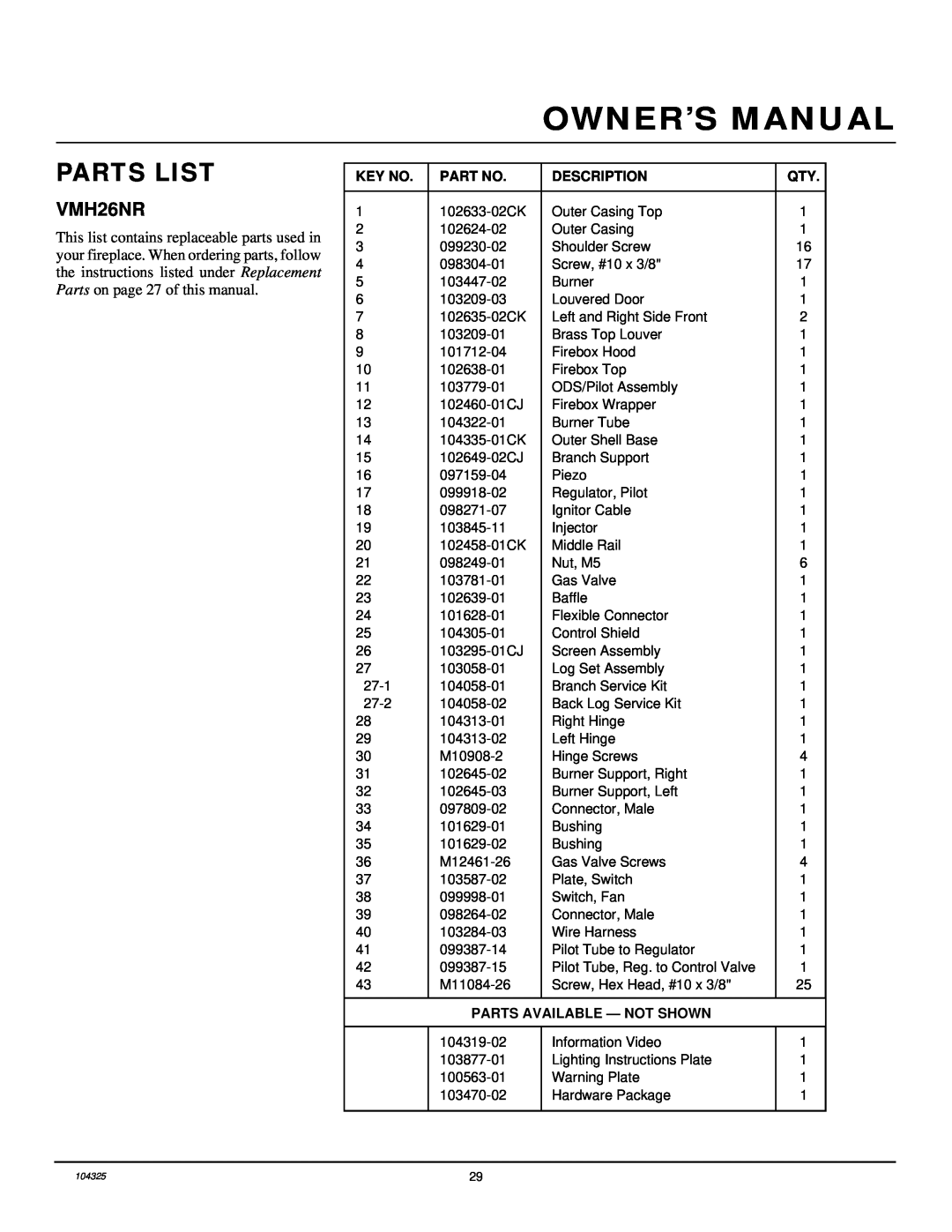 Vanguard Heating VMH26NR installation manual Parts List, Description, Parts Available - Not Shown 