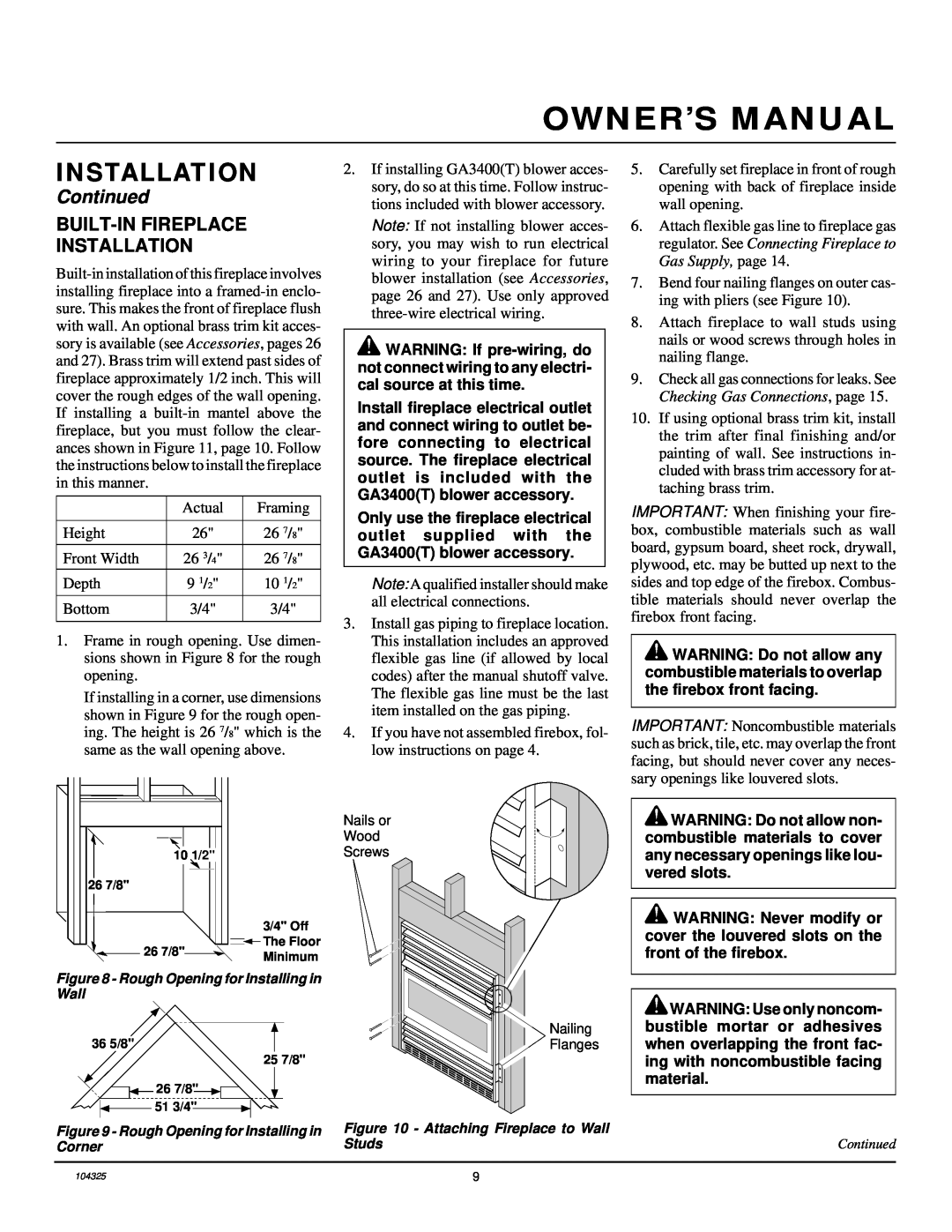 Vanguard Heating VMH26NR installation manual Built-Infireplace Installation, Continued 