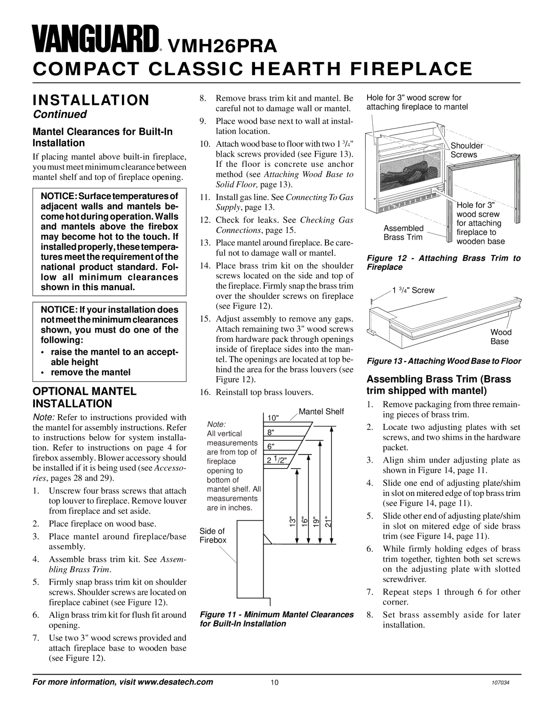 Vanguard Heating VMH26PRA installation manual Optional Mantel Installation, Mantel Clearances for Built-In Installation 