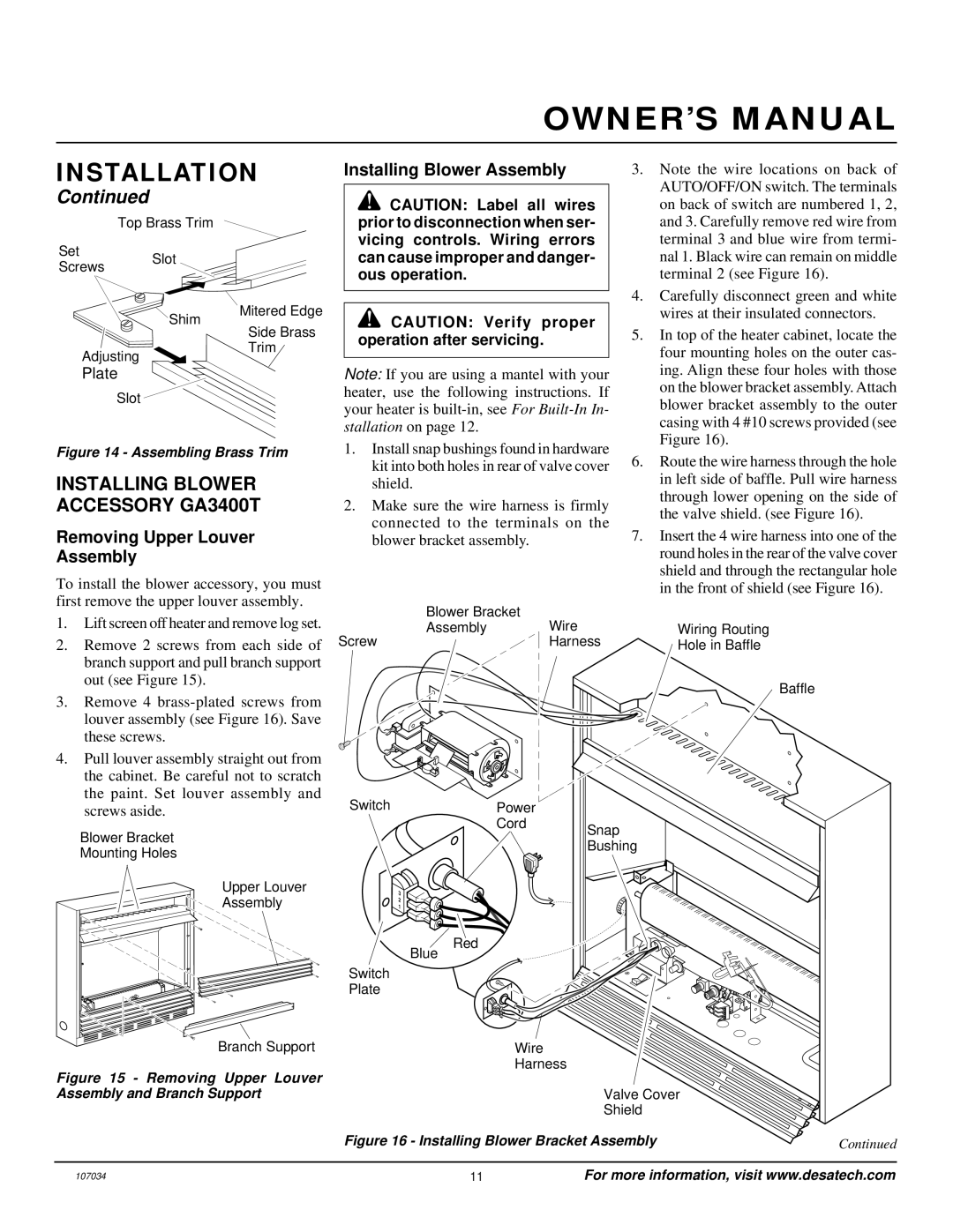 Vanguard Heating VMH26PRA Installing Blower Accessory GA3400T, Installing Blower Assembly, Removing Upper Louver Assembly 