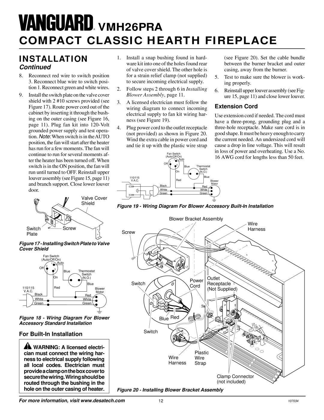 Vanguard Heating VMH26PRA installation manual Extension Cord, For Built-In Installation 