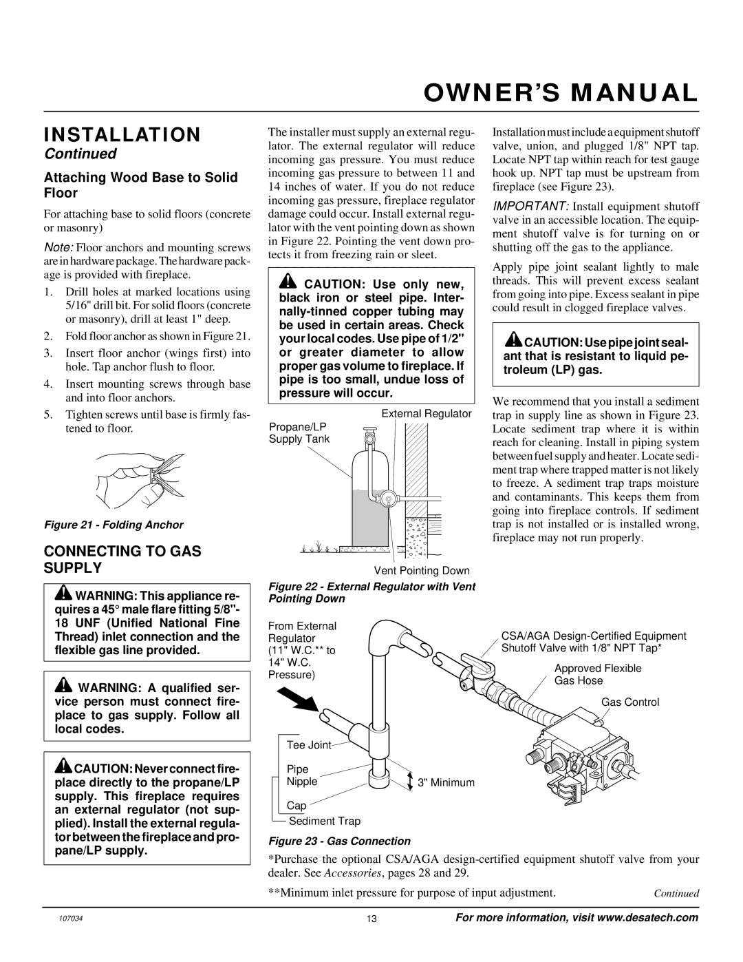 Vanguard Heating VMH26PRA installation manual Connecting to GAS Supply, Attaching Wood Base to Solid Floor 