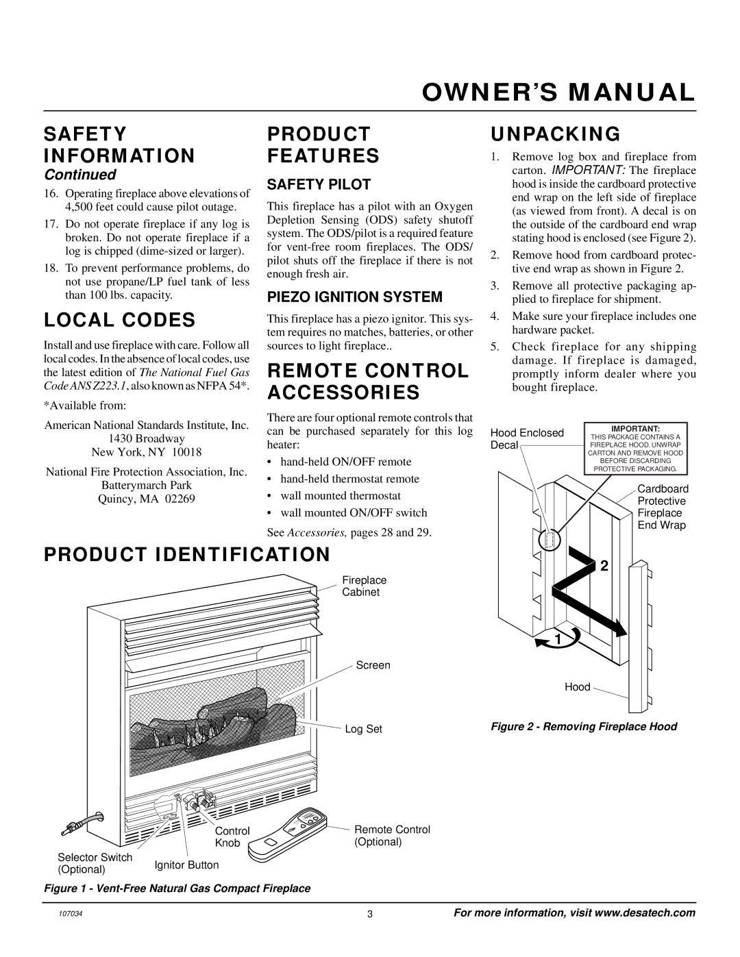 Vanguard Heating VMH26PRA Local Codes, Product Features, Remote Control Accessories, Unpacking, Product Identification 