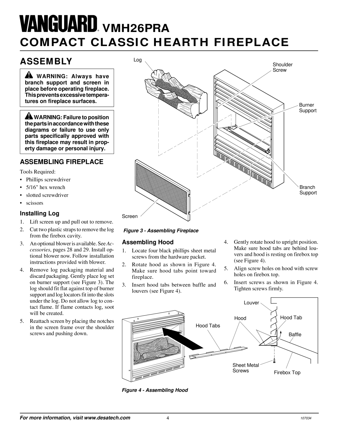 Vanguard Heating VMH26PRA installation manual Assembly, Assembling Fireplace, Installing Log, Assembling Hood 