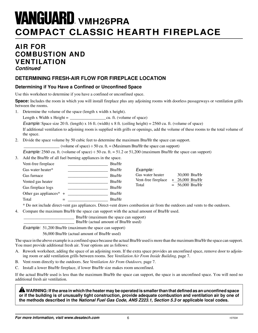 Vanguard Heating VMH26PRA AIR for Combustion Ventilation, Determining FRESH-AIR Flow for Fireplace Location 