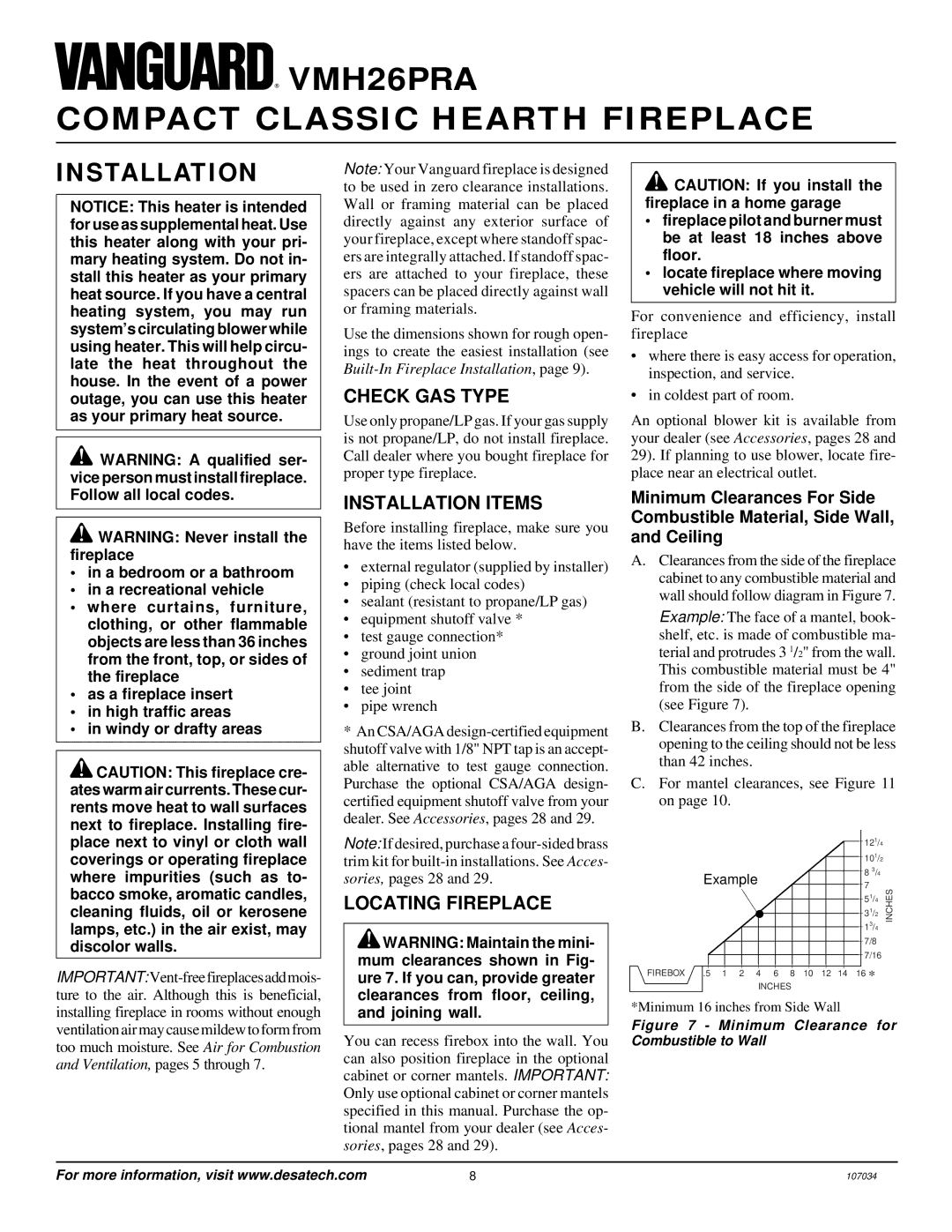 Vanguard Heating VMH26PRA installation manual Check GAS Type, Installation Items, Locating Fireplace 