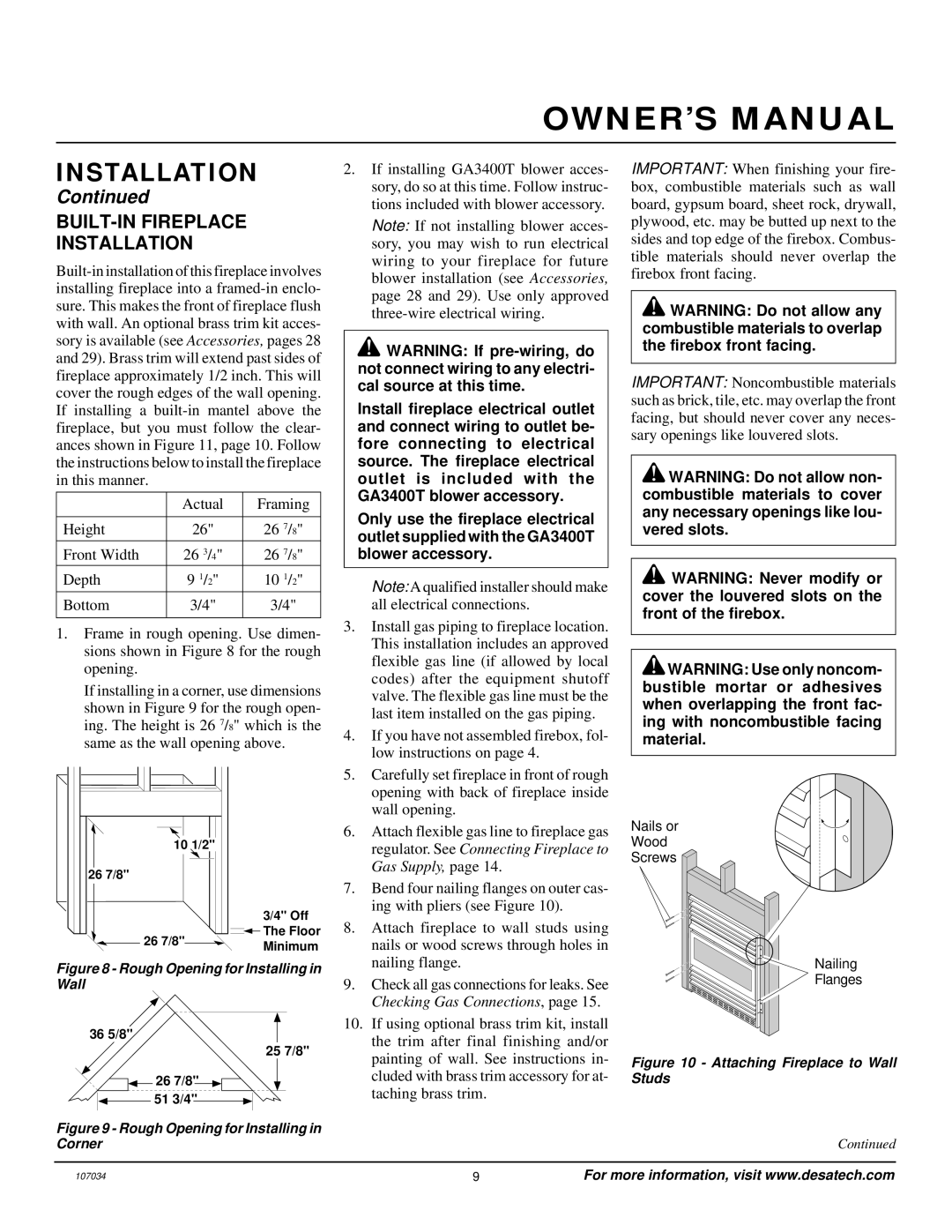 Vanguard Heating VMH26PRA installation manual BUILT-IN Fireplace Installation, Rough Opening for Installing in Wall 