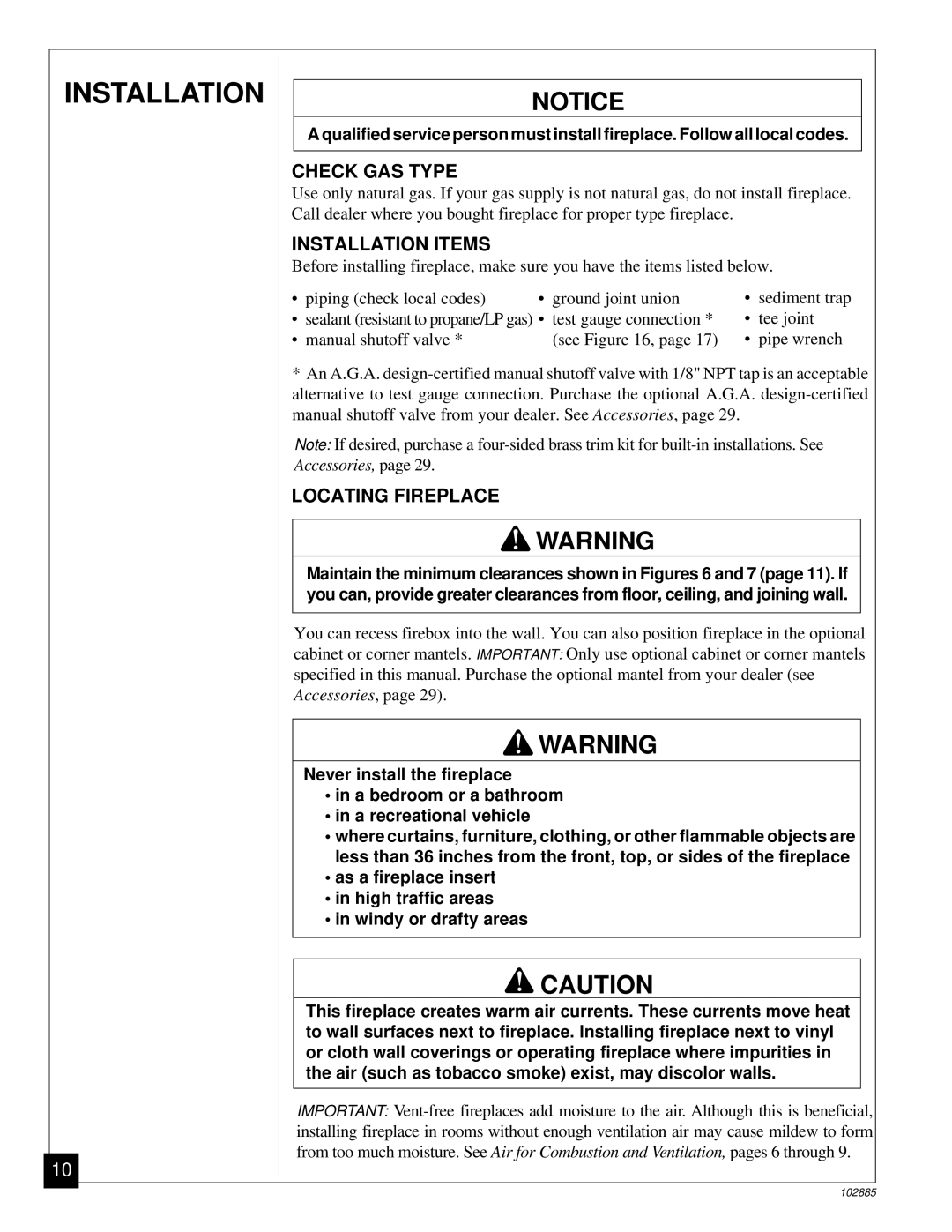 Vanguard Heating VMH26TN installation manual Check GAS Type, Installation Items, Locating Fireplace 