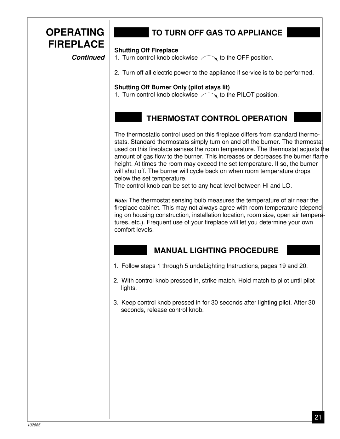 Vanguard Heating VMH26TN Operating Fireplace, Shutting Off Fireplace, Shutting Off Burner Only pilot stays lit 