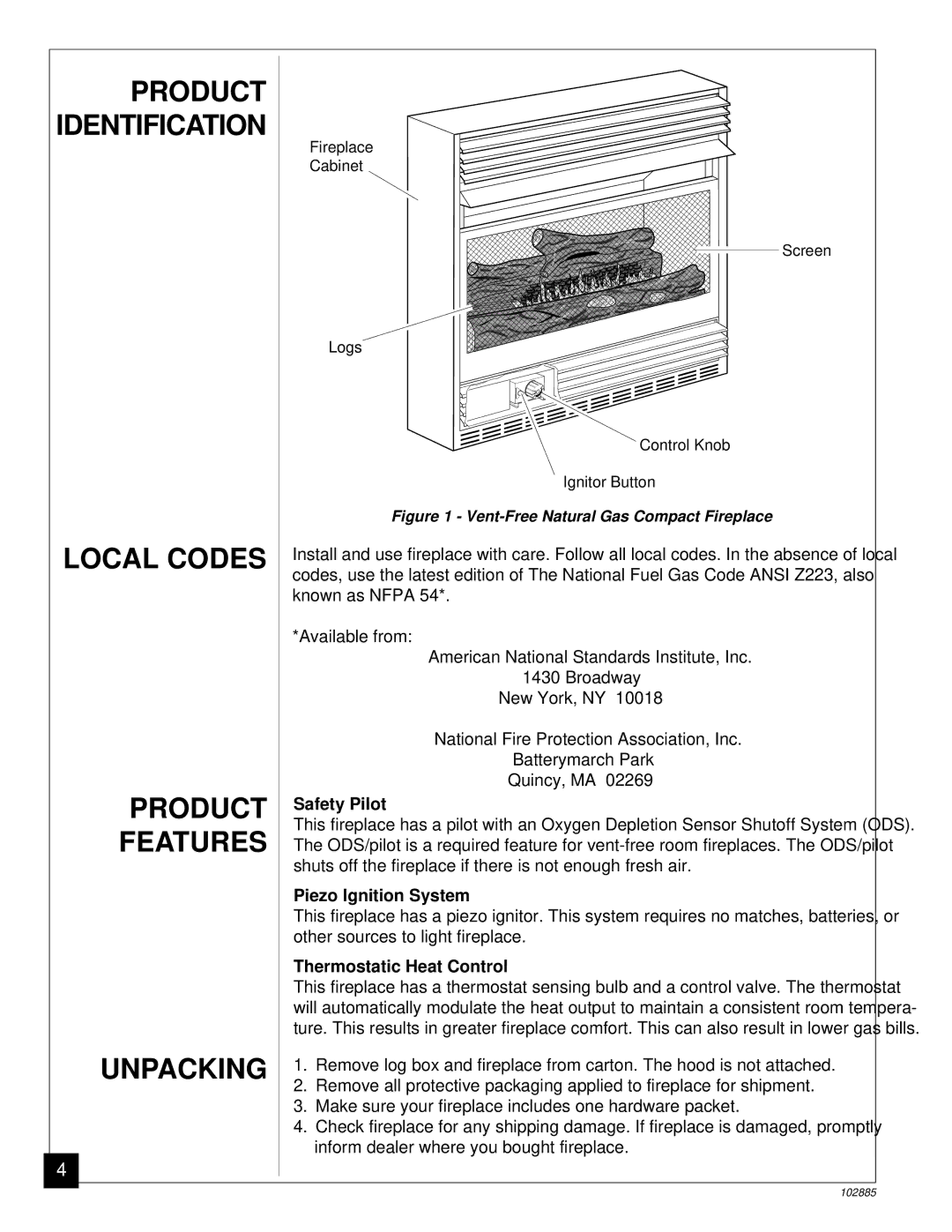 Vanguard Heating VMH26TN installation manual Local Codes Product Features Unpacking, Safety Pilot, Piezo Ignition System 