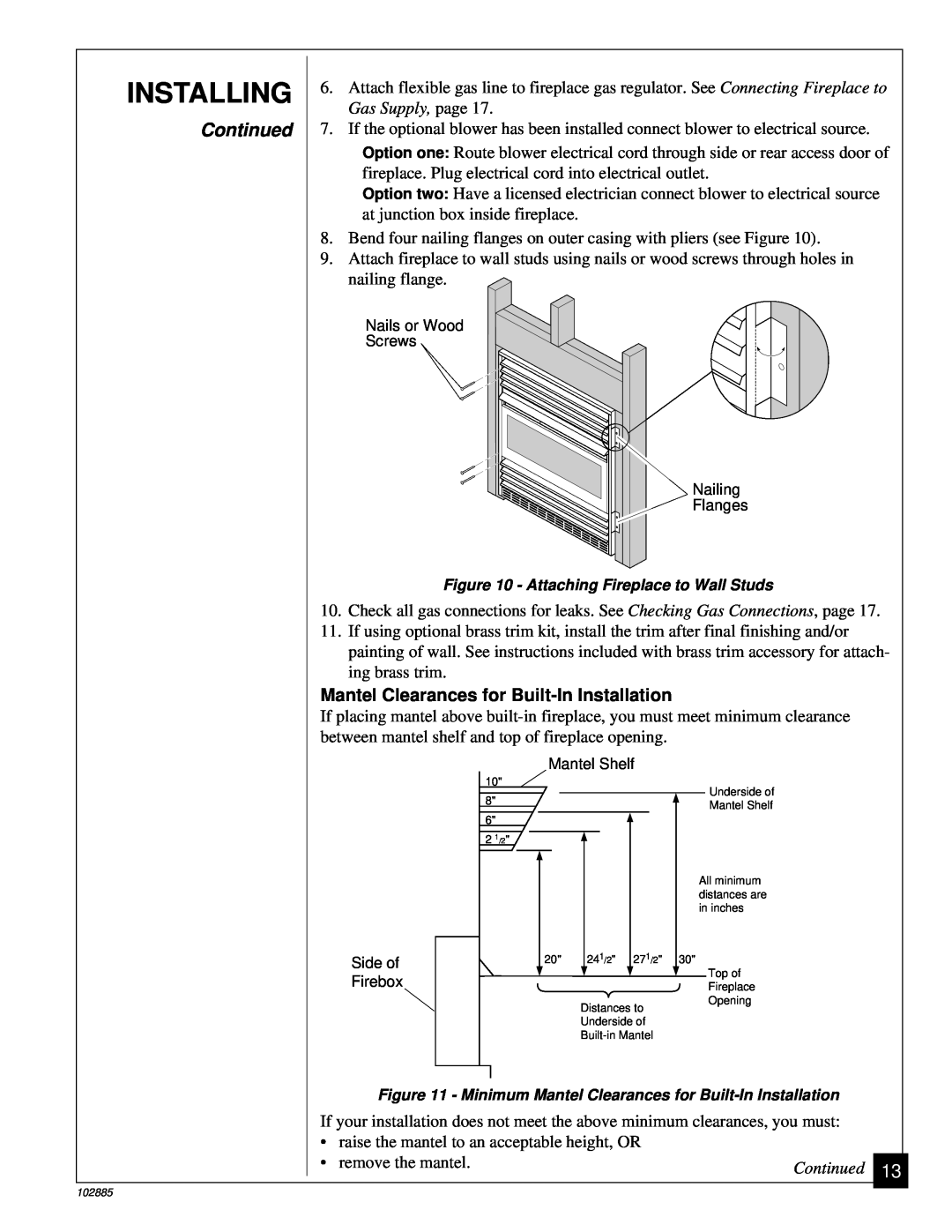 Vanguard Heating VMH26TN installation manual Installing, Continued, Mantel Clearances for Built-InInstallation 