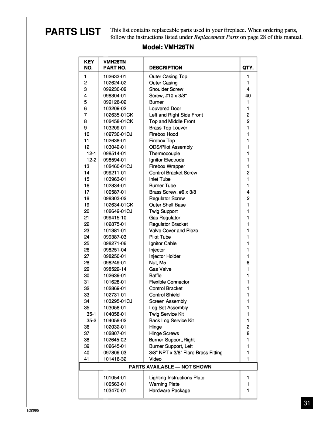 Vanguard Heating installation manual Parts List, Model VMH26TN 