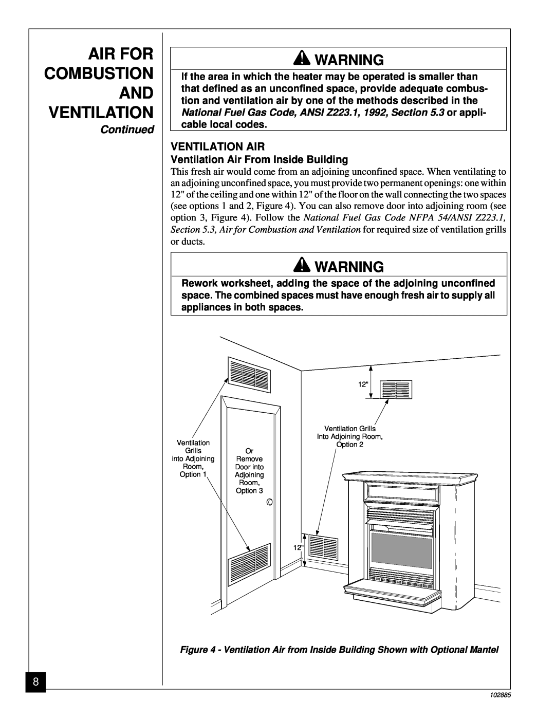 Vanguard Heating VMH26TN installation manual Air For Combustion And Ventilation, Continued, Ventilation Air 