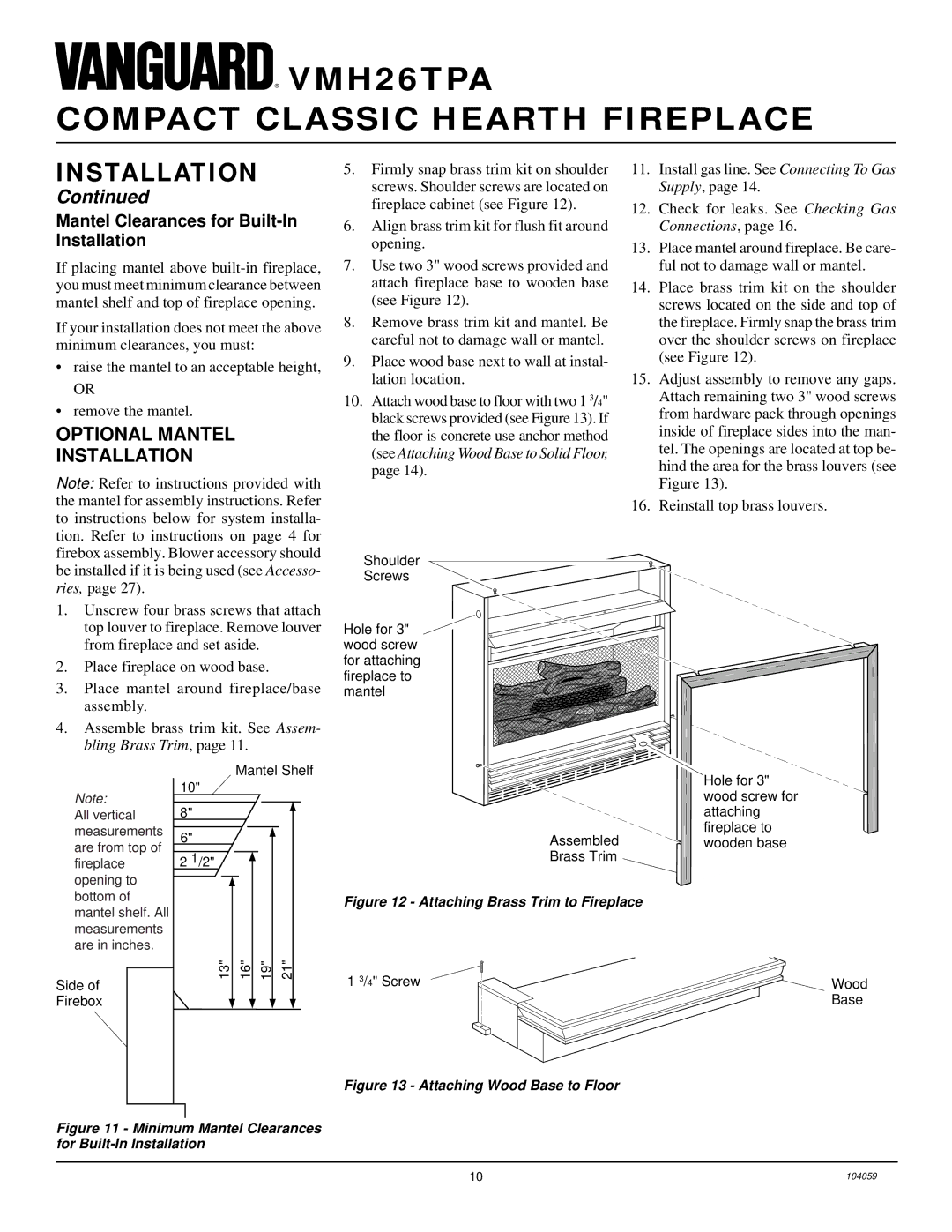 Vanguard Heating VMH26TPA installation manual Optional Mantel Installation, Mantel Clearances for Built-In Installation 