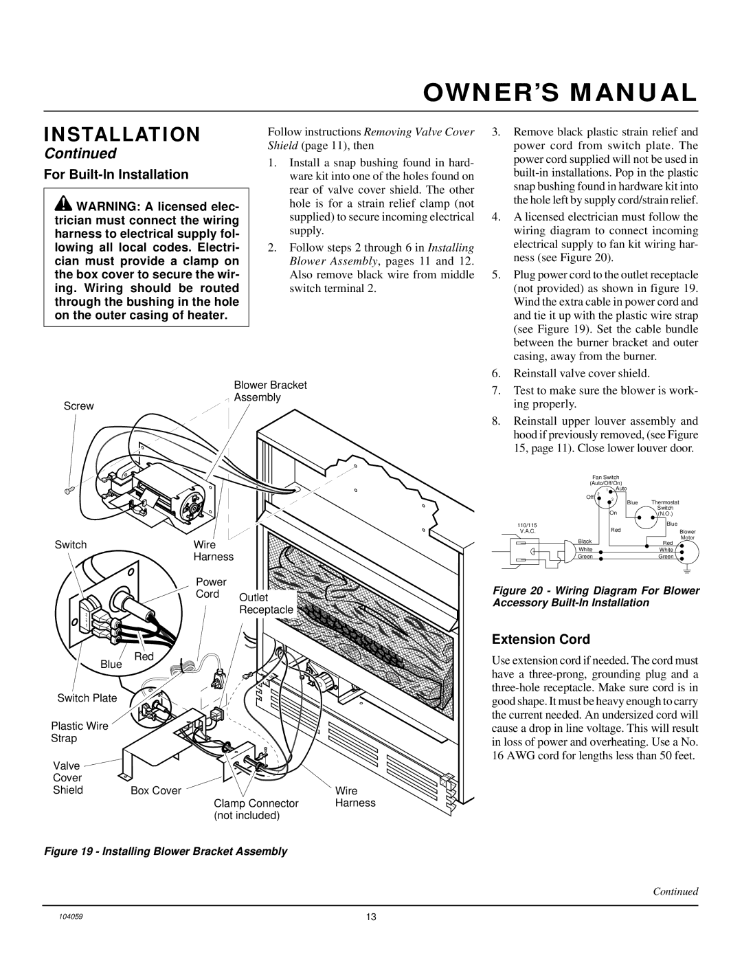 Vanguard Heating VMH26TPA installation manual For Built-In Installation, Extension Cord 