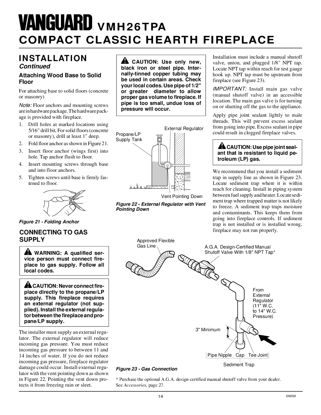 Vanguard Heating VMH26TPA installation manual Connecting to GAS, Supply, Attaching Wood Base to Solid Floor 