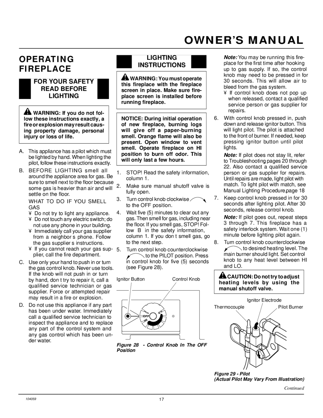 Vanguard Heating VMH26TPA Operating Fireplace, For Your Safety Read Before Lighting, Lighting Instructions 