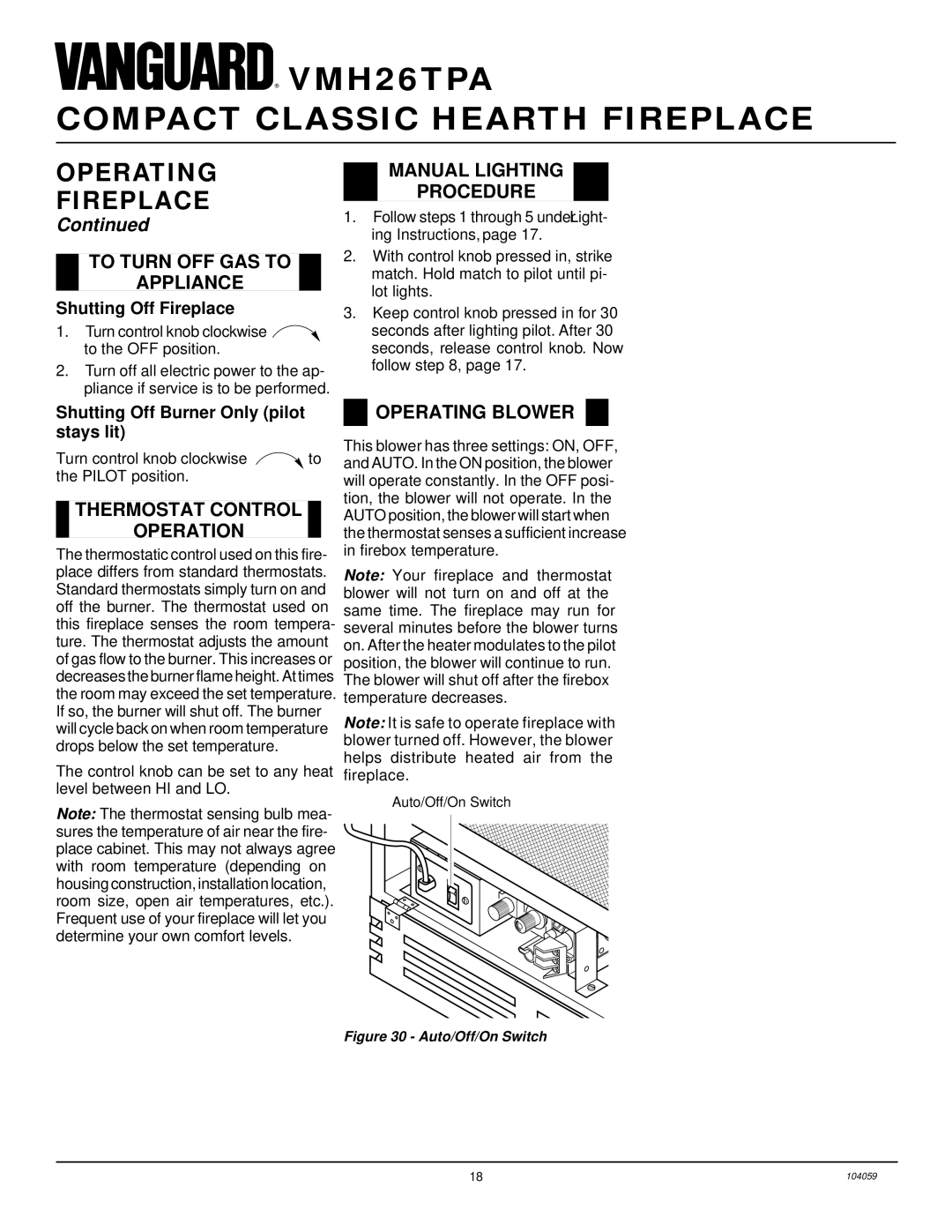 Vanguard Heating VMH26TPA To Turn OFF GAS to Appliance Manual Lighting Procedure, Thermostat Control Operation 