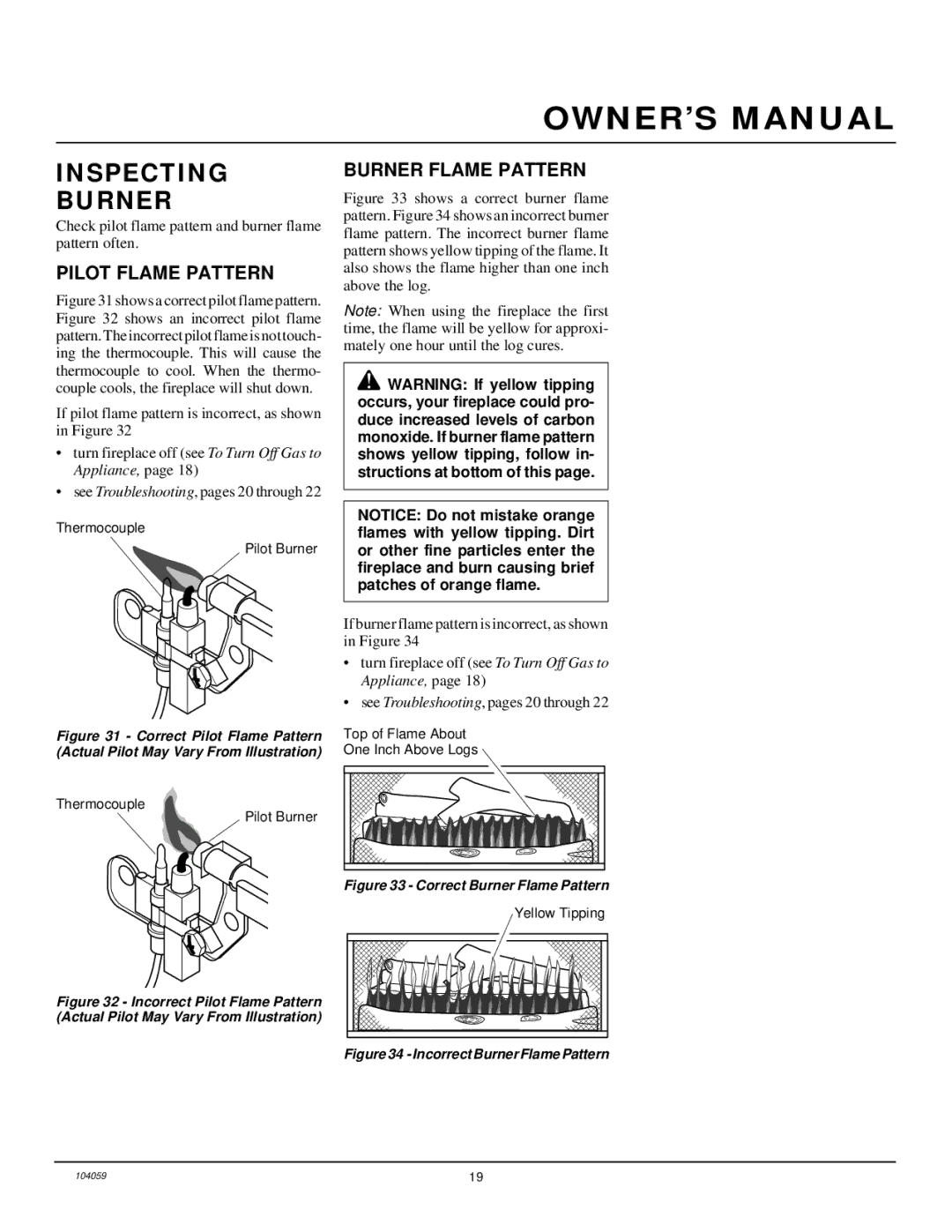 Vanguard Heating VMH26TPA installation manual Inspecting Burner, Pilot Flame Pattern, Burner Flame Pattern 