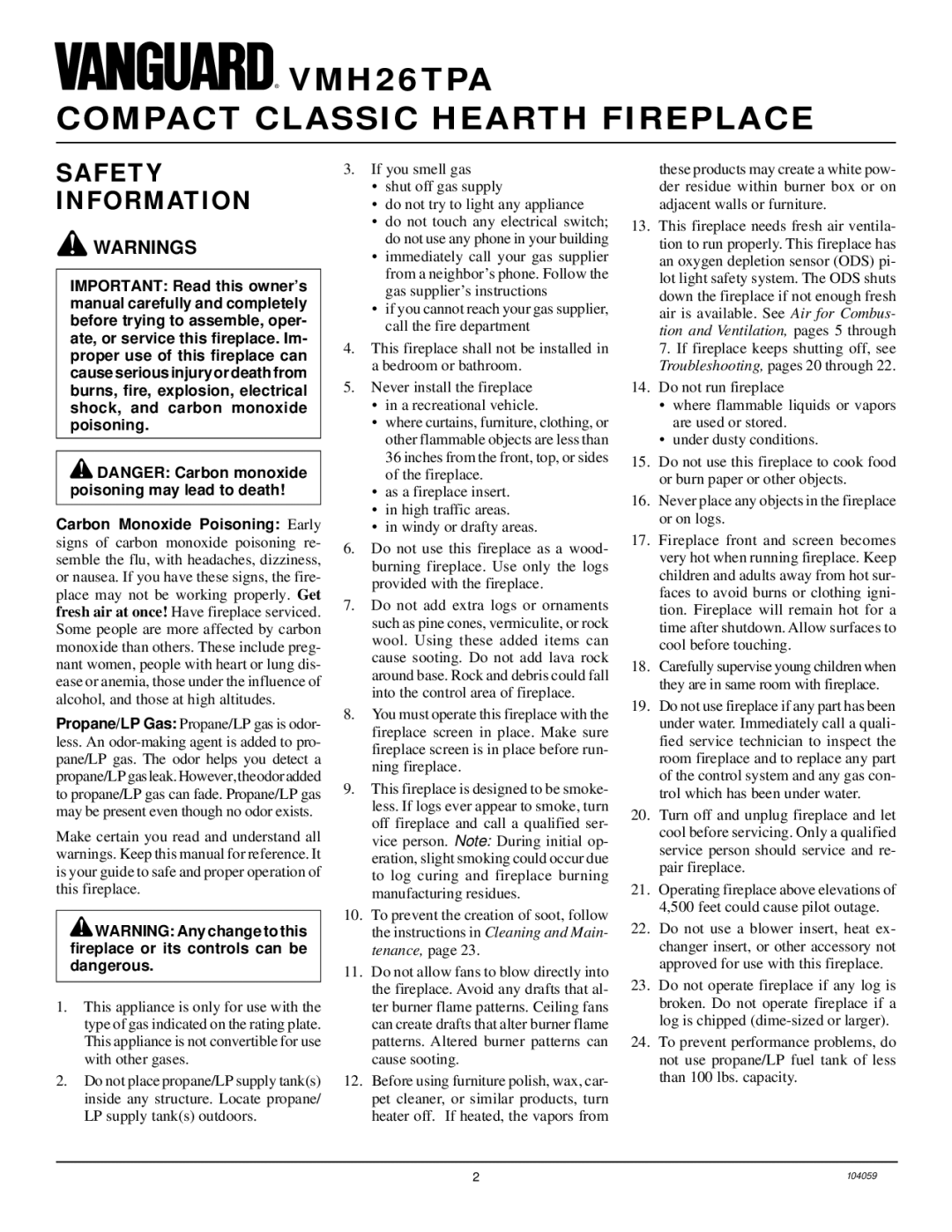 Vanguard Heating VMH26TPA installation manual Compact Classic Hearth Fireplace, Safety Information 