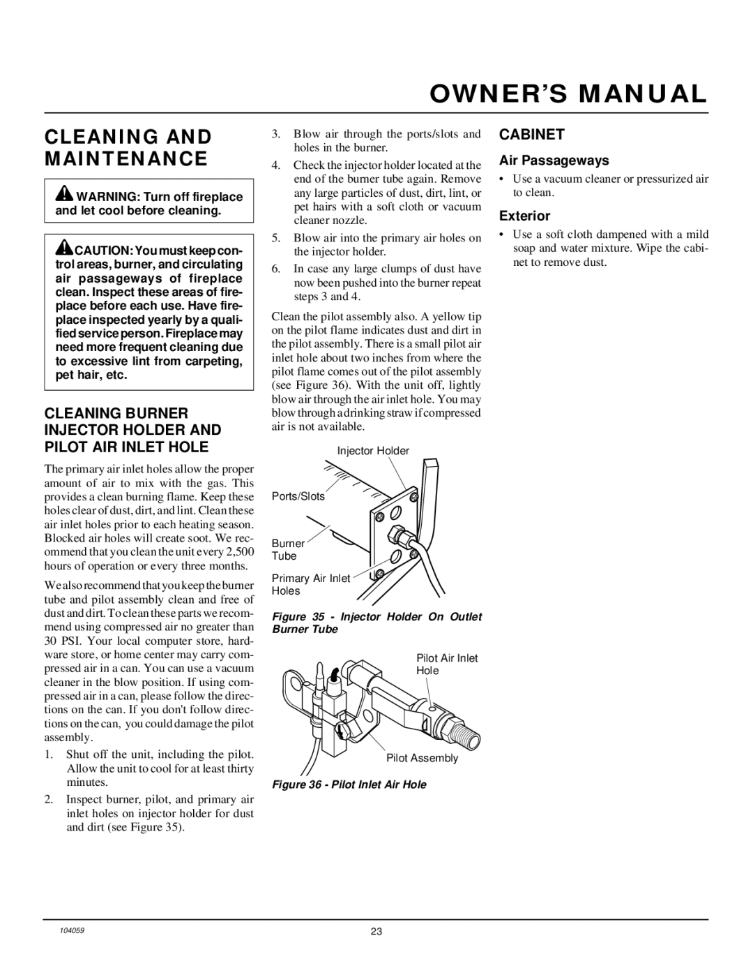 Vanguard Heating VMH26TPA Cleaning and Maintenance, Cleaning Burner Injector Holder and Pilot AIR Inlet Hole, Cabinet 