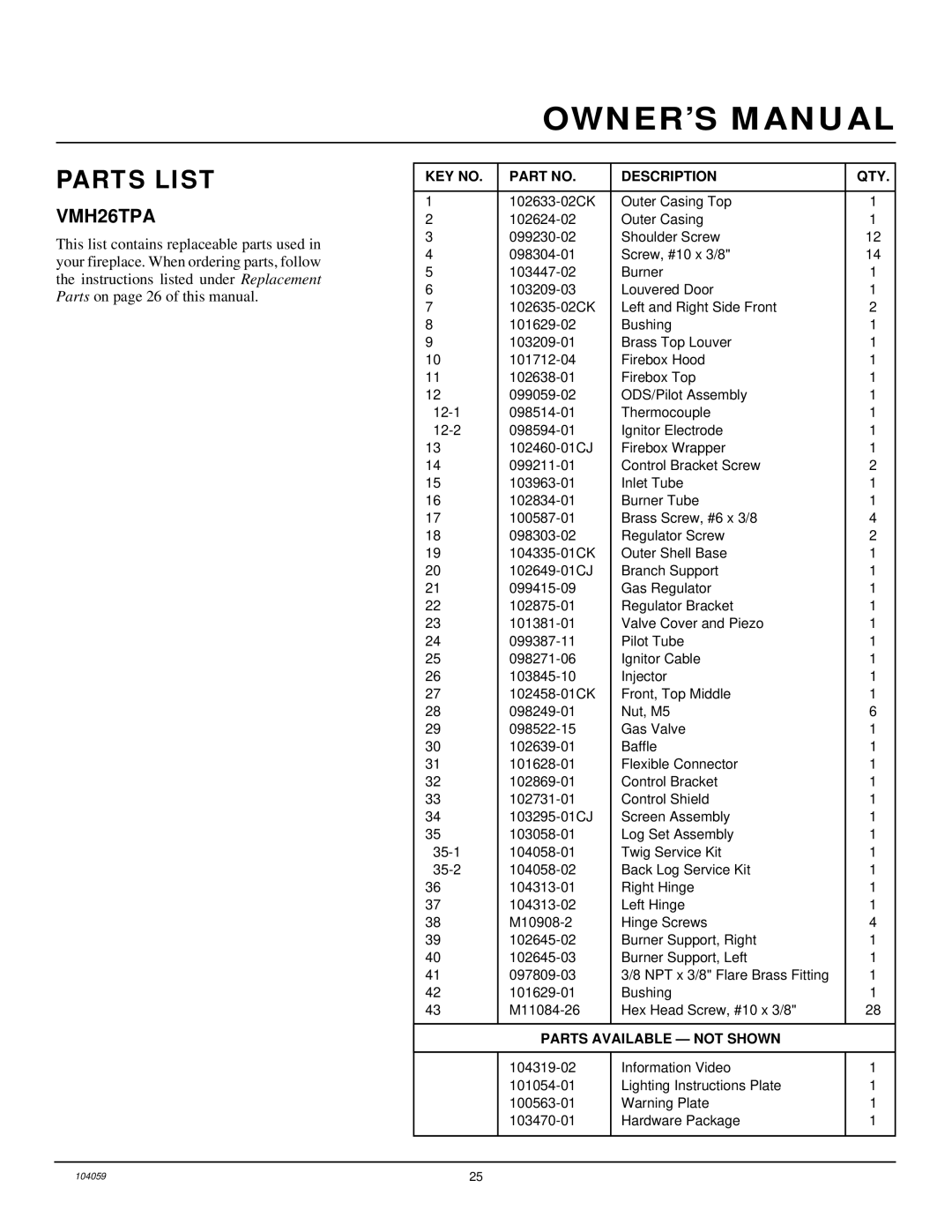 Vanguard Heating VMH26TPA installation manual Parts List, Description QTY 