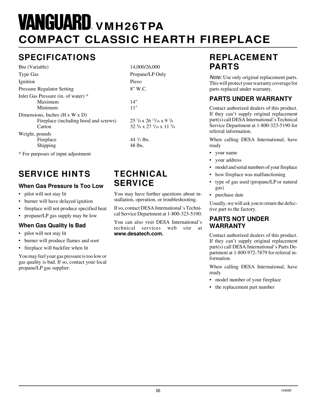 Vanguard Heating VMH26TPA installation manual Specifications, Replacement Parts, Service Hints, Technical Service 