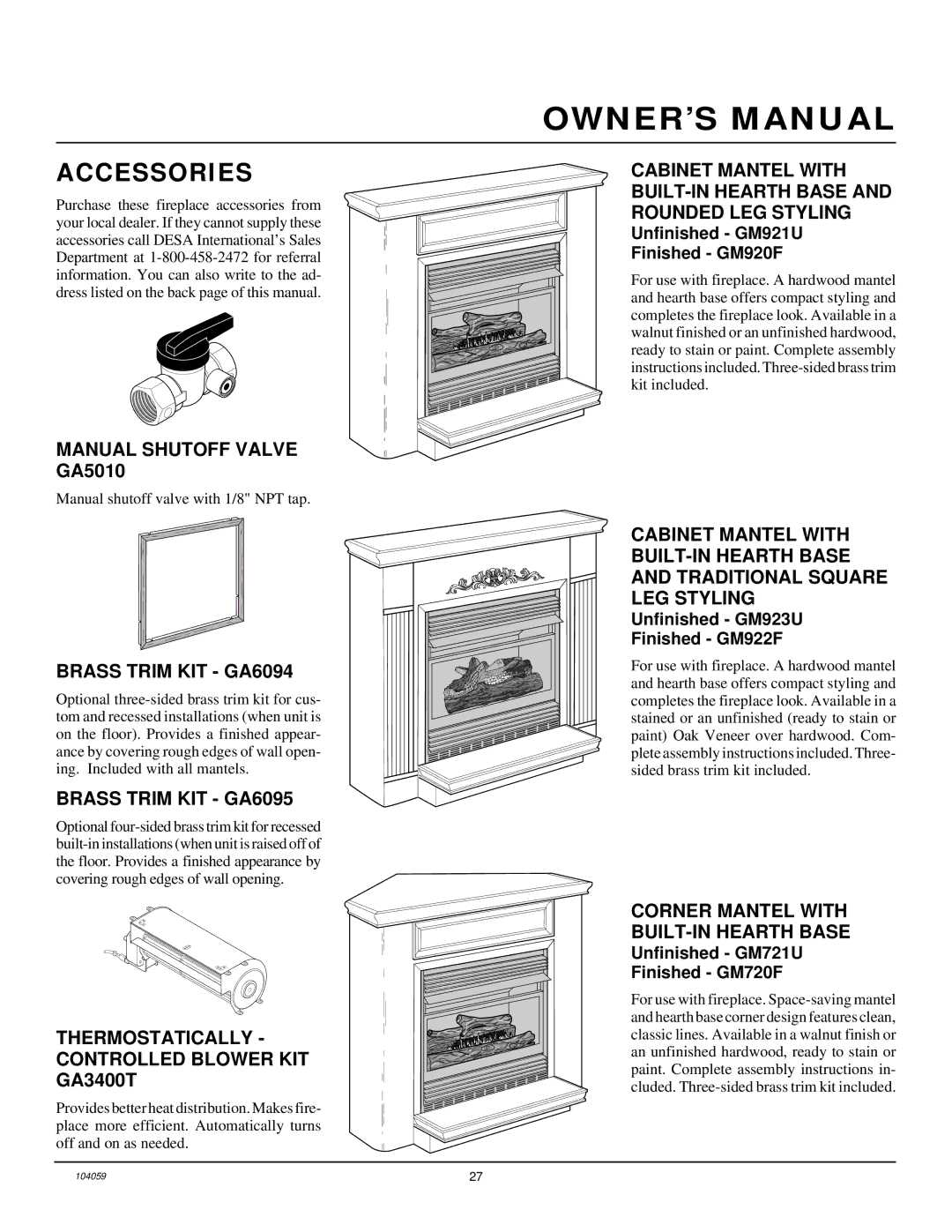 Vanguard Heating VMH26TPA installation manual Accessories 