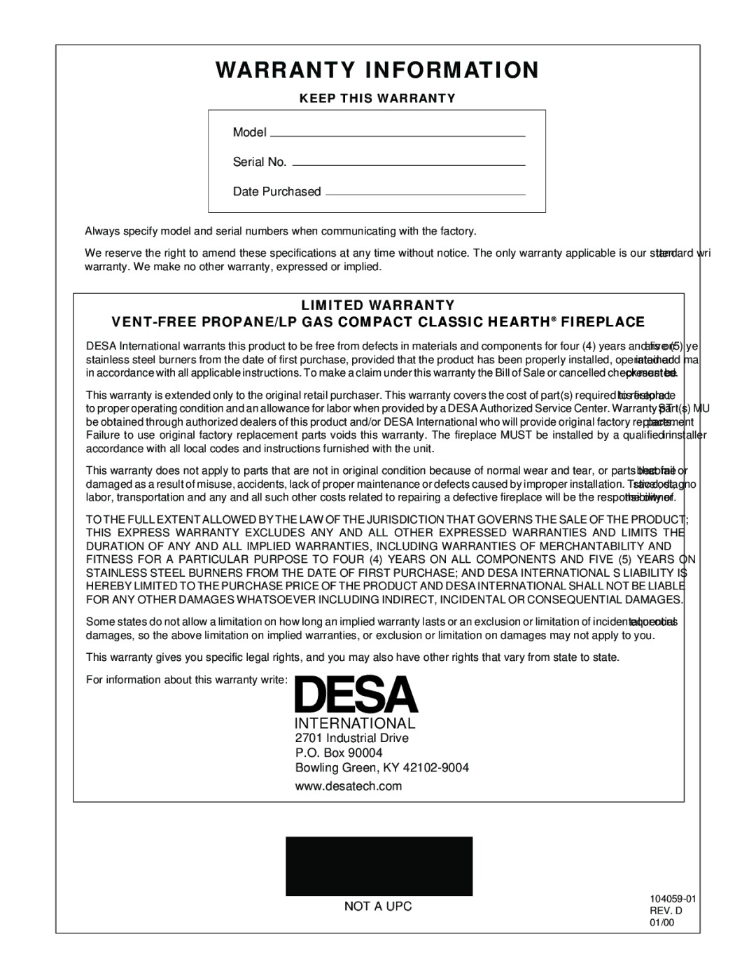 Vanguard Heating VMH26TPA installation manual Warranty Information, International 