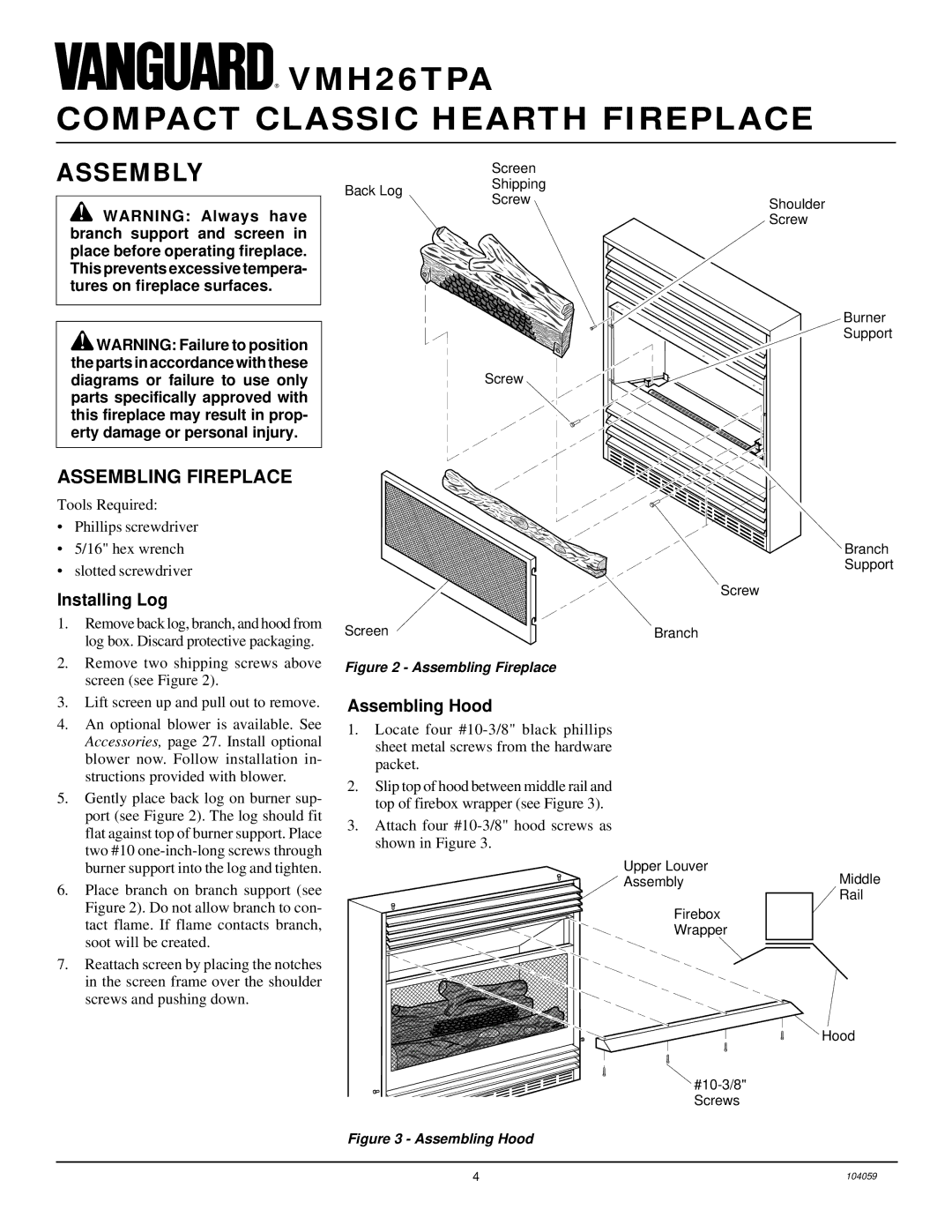 Vanguard Heating VMH26TPA installation manual Assembly, Assembling Fireplace, Installing Log, Assembling Hood 