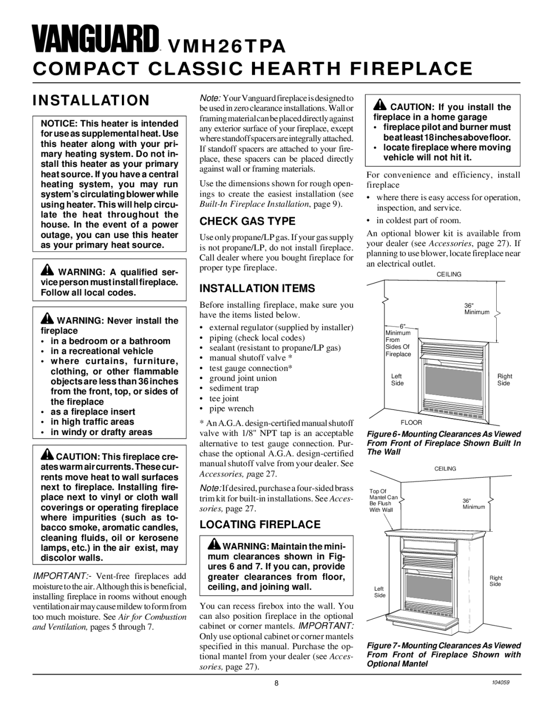 Vanguard Heating VMH26TPA installation manual Check GAS Type, Installation Items, Locating Fireplace 