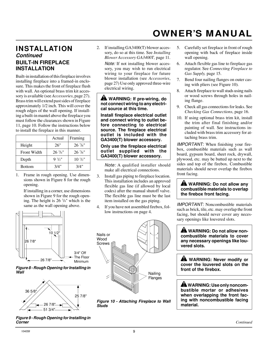 Vanguard Heating VMH26TPA installation manual BUILT-IN Fireplace Installation, Rough Opening for Installing in Wall 