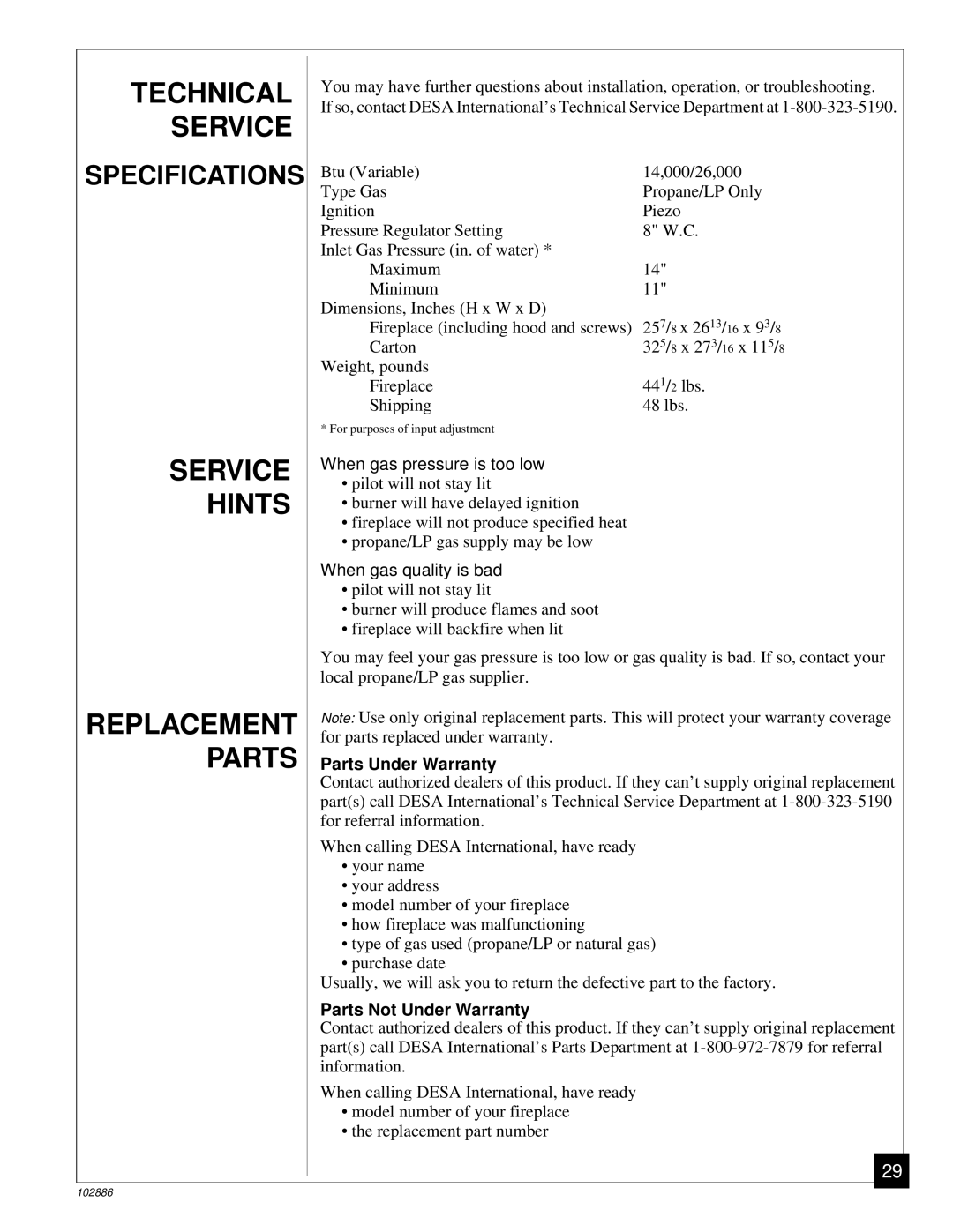 Vanguard Heating VMH26TPB Technical Service, Service Hints, Parts Under Warranty, Parts Not Under Warranty 