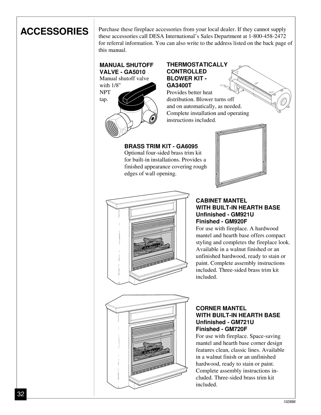 Vanguard Heating VMH26TPB installation manual Accessories, Valve GA5010, GA3400T, Unfinished GM921U Finished GM920F 