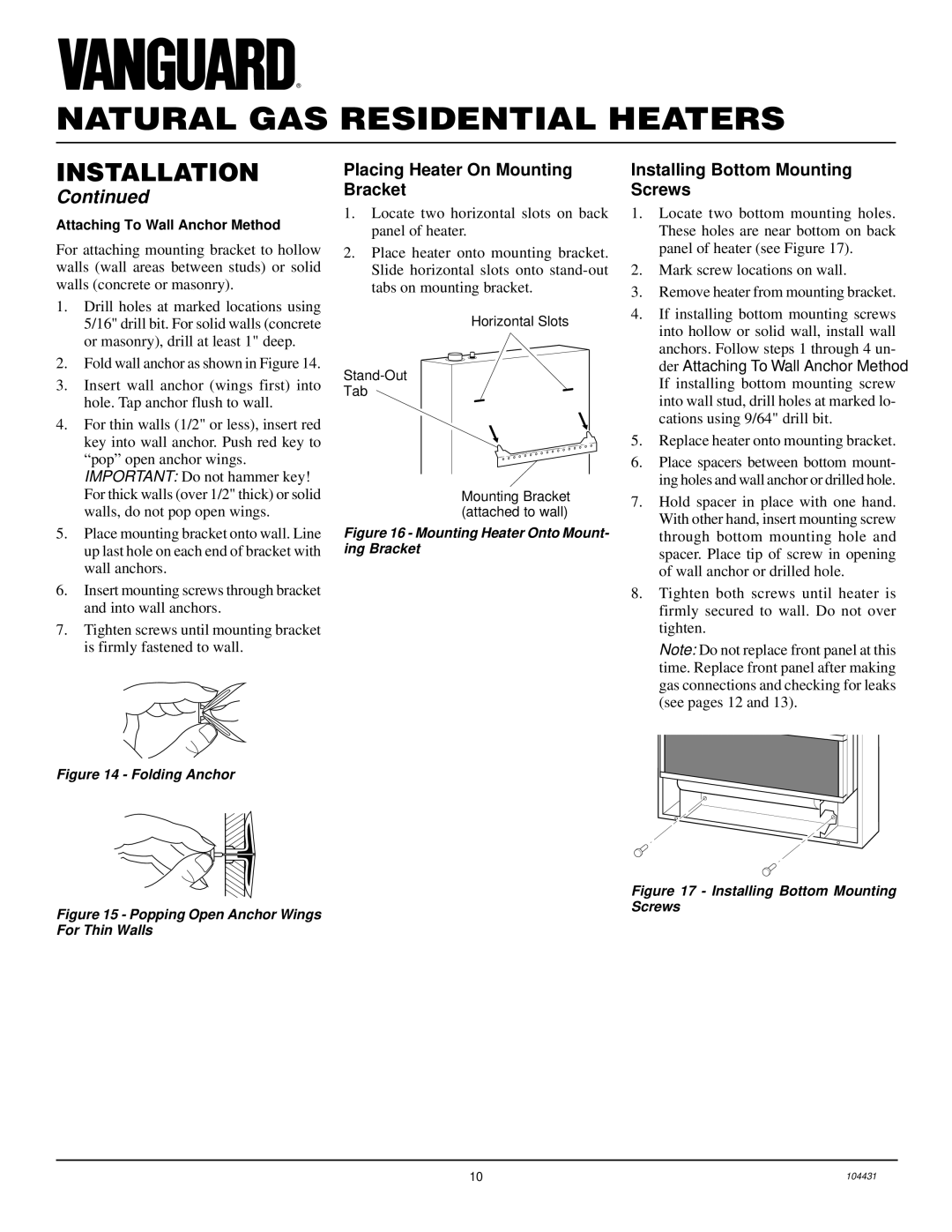 Vanguard Heating VMH3000TN installation manual Placing Heater On Mounting Bracket, Installing Bottom Mounting Screws 