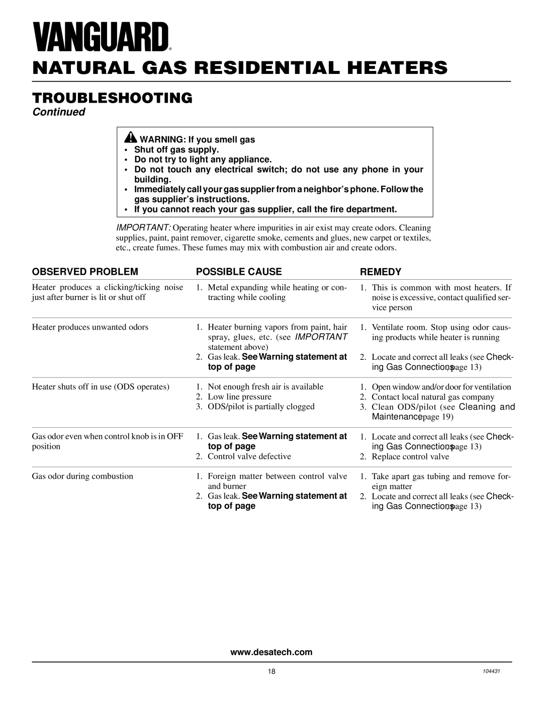 Vanguard Heating VMH3000TN installation manual Gas leak. See Warning statement at 