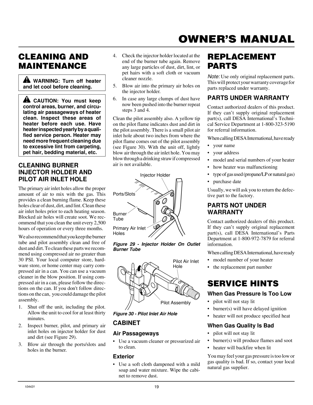 Vanguard Heating VMH3000TN installation manual Cleaning and Maintenance, Replacement Parts, Service Hints 