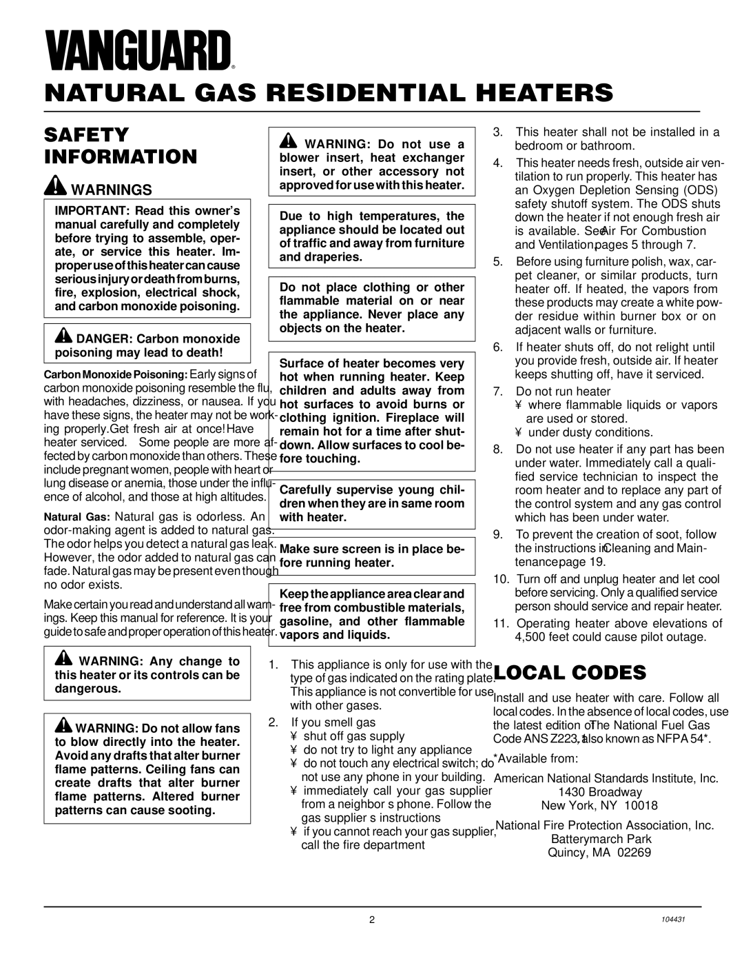 Vanguard Heating VMH3000TN installation manual Safety Information, Local Codes 