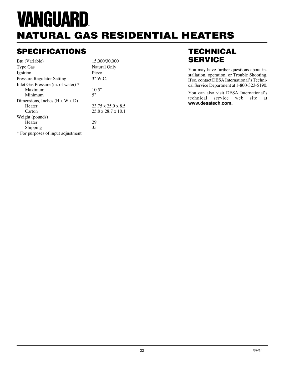 Vanguard Heating VMH3000TN installation manual Specifications, Technical Service 